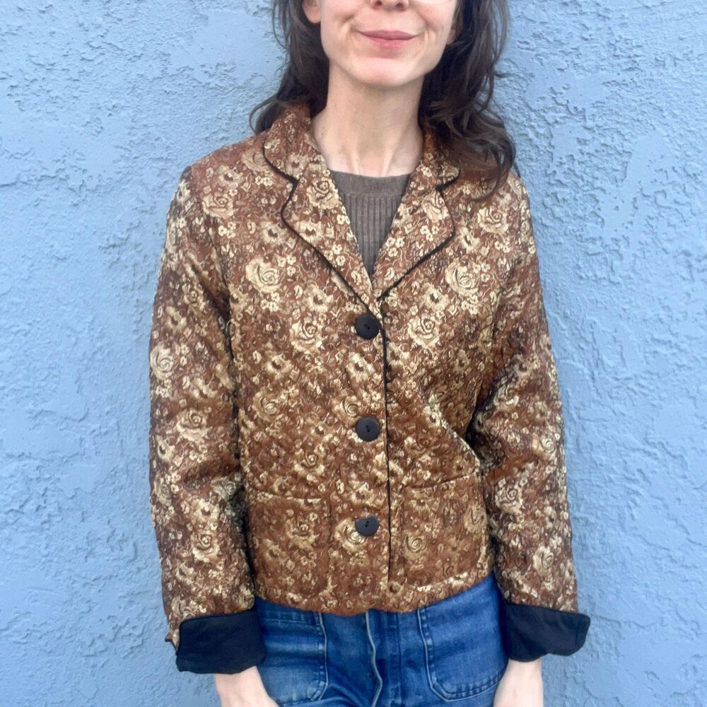 Vintage Floral Quilted Jacket Small Gold floral blazer